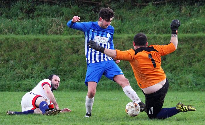 Narberths Dafydd Wright is denied by Lamphey goalkeeper. Picture by Susan McKehon